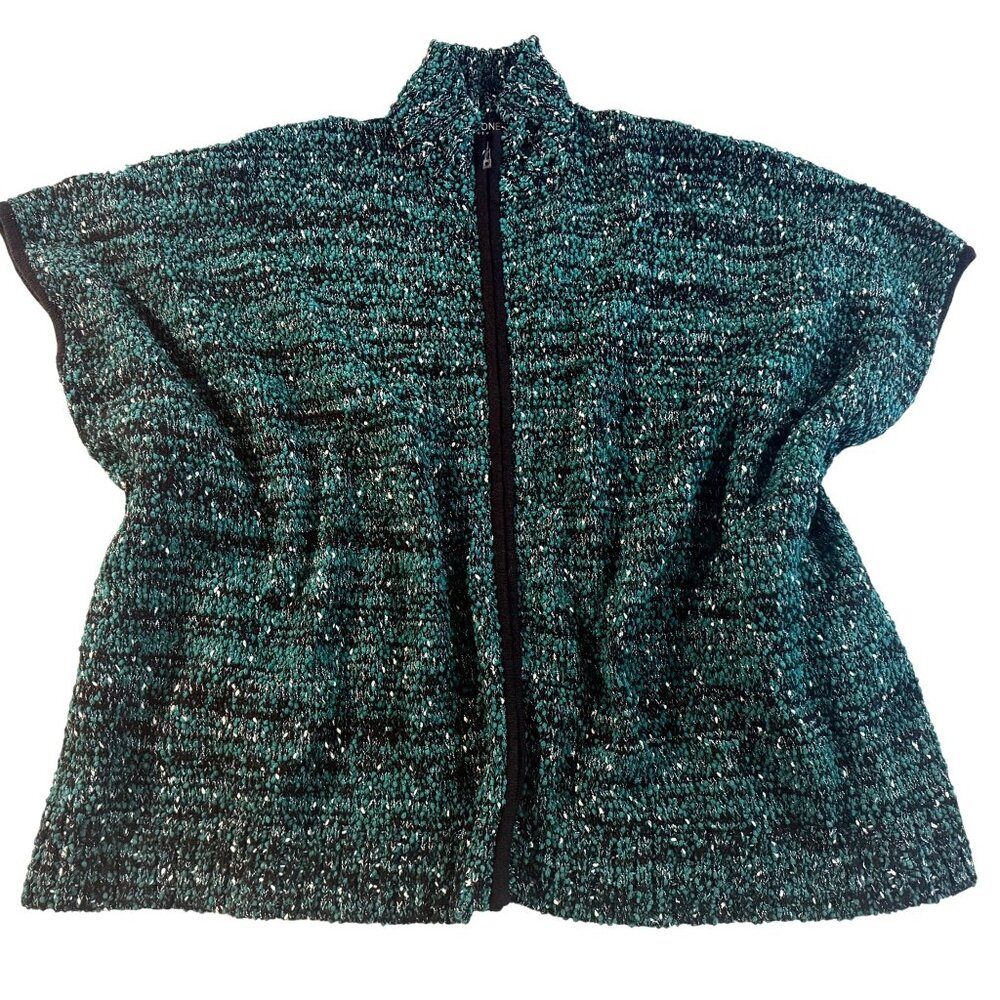 Jones New York Womens M Teal Black Tweed Cape Sweater Poncho Oversized Cozy Soft